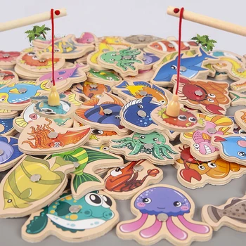 Montessori Koka Magnētisko Zvejas Rotaļlietas Bērniem Karikatūra Jūras Dzīves Izziņas Fish Games Izglītībā 