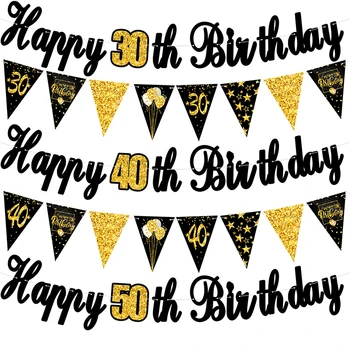 Melnā Zelta Happy Birthday Banner 30 40 50 60 Karājas Stērste Vainags Pieaugušo Dzimšanas dienas svinības Apdares 30 40 50 Gadiem Puse