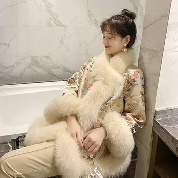 Ir 2021. Ziemas Jauno Ķīniešu Stila Imitācija Fox Kažokādas Zāle Mētelis Sieviešu Tiesa Satīna Vidēja Ilgi Fāzēm Tang Apmetnis