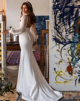 Fivsole Sirēna Drēbes De Mariee Kāzu Kleita Ir 2021. Piedurknēm Laukumā Apkakles Caurspīdīga Tilla Ar Squins Vilcienu Līgavas Kāzu Tērpi