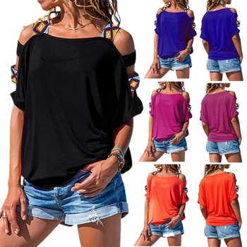Modes Sieviešu T-Krekls Rudens Vasaras tīrtoņa Krāsu Auksti Plecu Sievietēm ar Īsām Piedurknēm T Krekls Top Plus izmēru, T Kreklu
