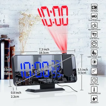 LED Digitālais Modinātājs Radio Projekcija Ar Temperatūras Un Mitruma Spogulis Pulkstenis Daudzfunkcionālās Gultas Laika Displejs 3 Krāsu