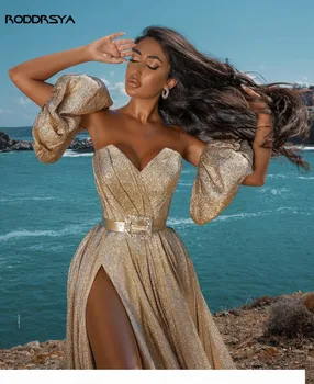 RODDRSYA Elegants Dzirkstošais Zelts Prom Kleita Ir 2021. Jaunas Formālās Kleitas Sexy Mīļotā Kakla Augstas Sadalīt Puse Vakara Tērpi arābu